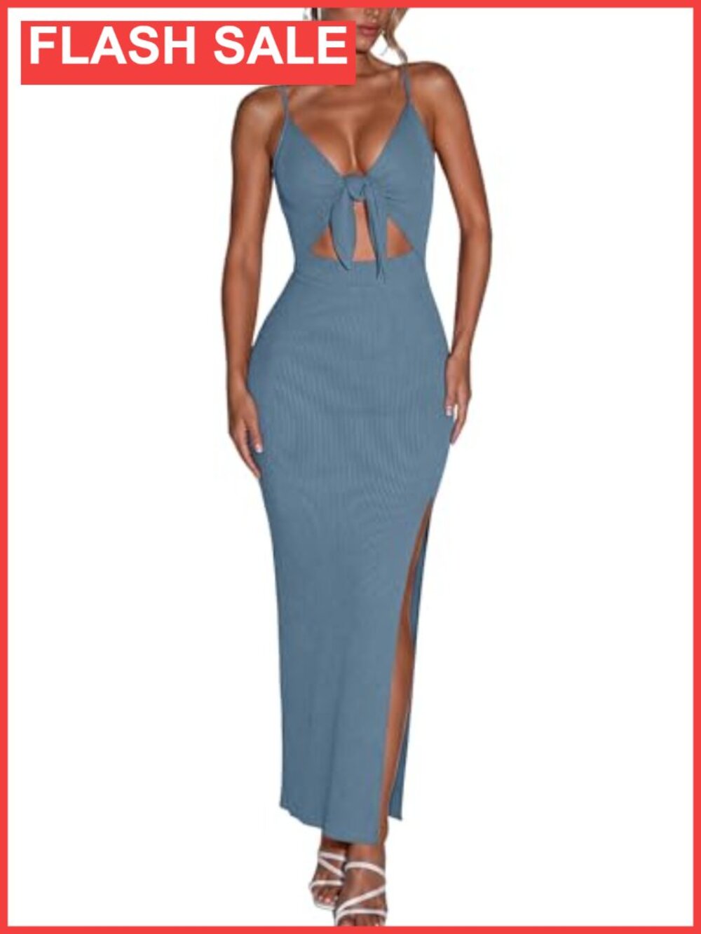 Ribbed Knit Bodycon Maxi Dress Sleeveless Built in Bra Cutout Slit Party